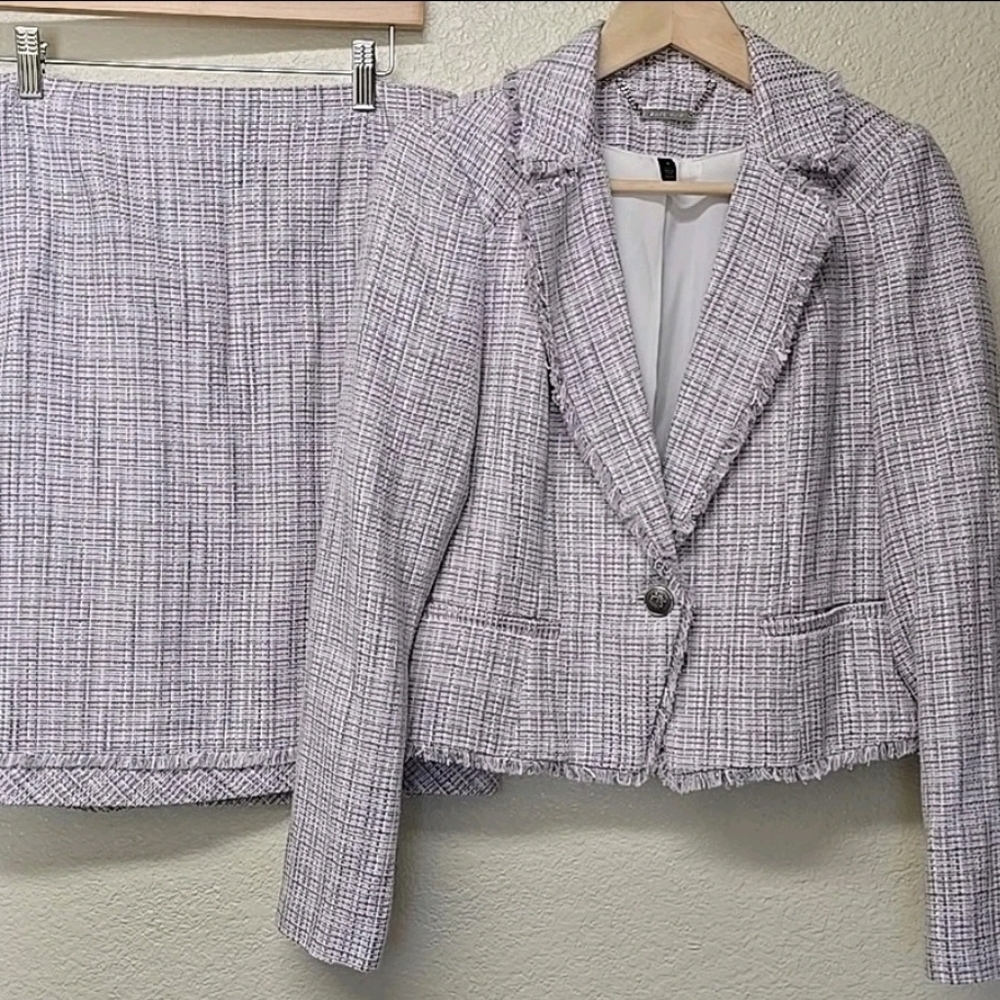 White House Black Market Women's Tweed Jacket 4 Skirt 6 Set Wisteria Ecru